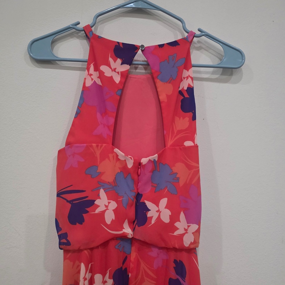Floral High Neck High-Low Maxi Dress Pink Purple Sleeveless Halter Keyhole Back - Picture 7 of 10